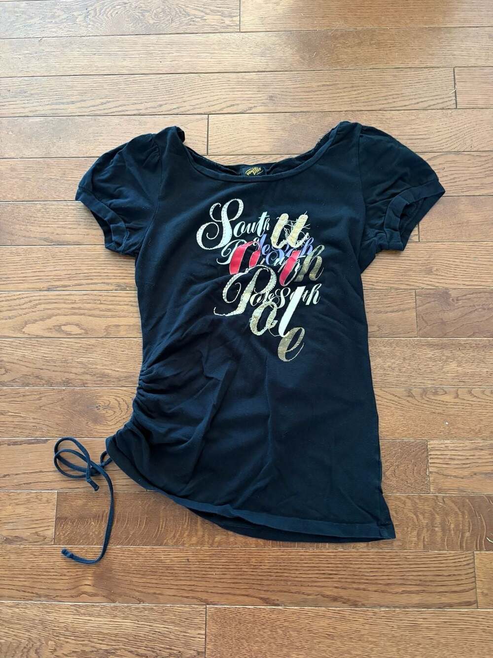South Pole South Pole Graphic T-Shirt Size XL Black Ruched Side Tie Short Sleeve